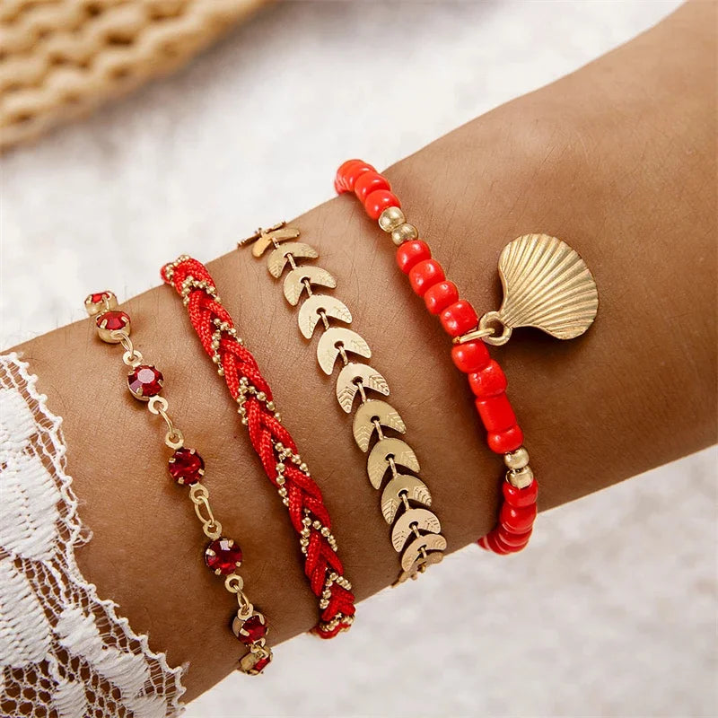 4pcs/set Bohemia Shell Bracelets for Women Colorful Zircon Rice Beads Metal Chain Bangles Girl Summer Beach Jewelry