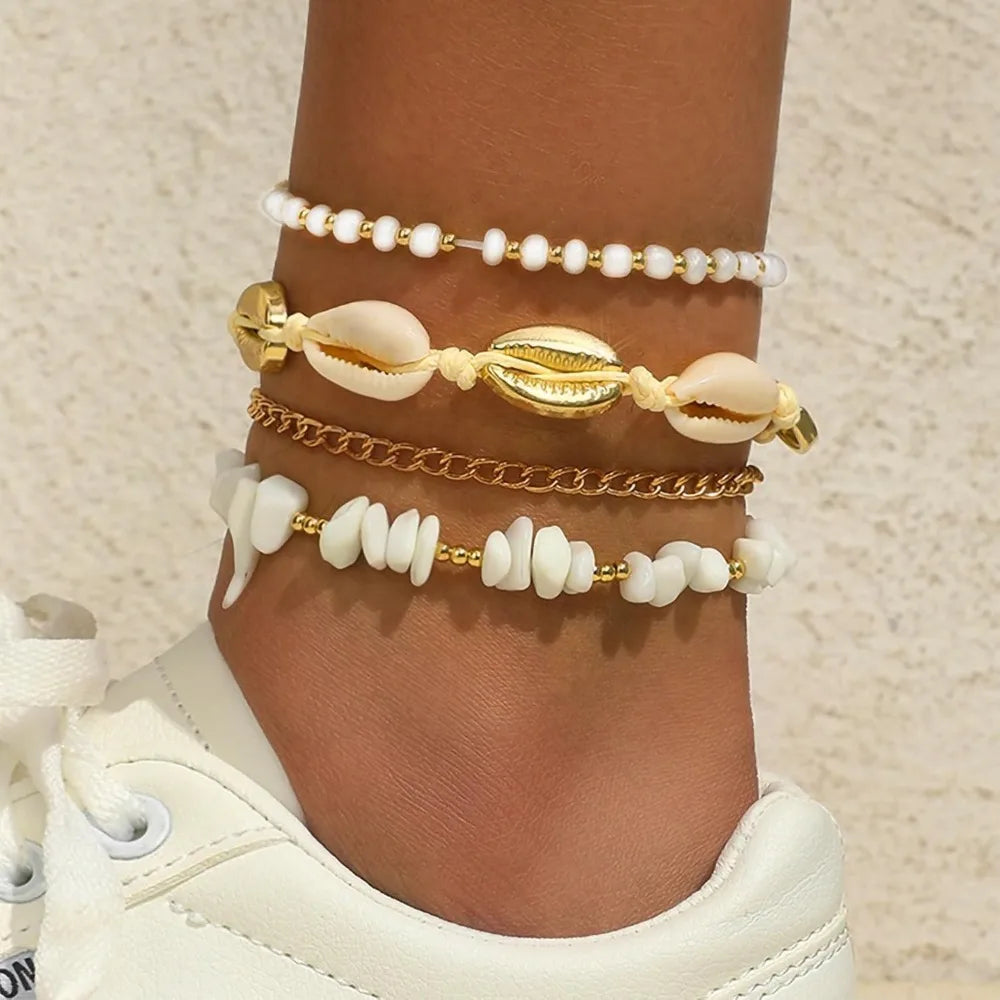 Shell Ankle Bracelet Set for Women, Gold Boho Bead Adjustable Anklet, Hawaiian Beach Seashell Pearl Heart Starfish Conch Foot
