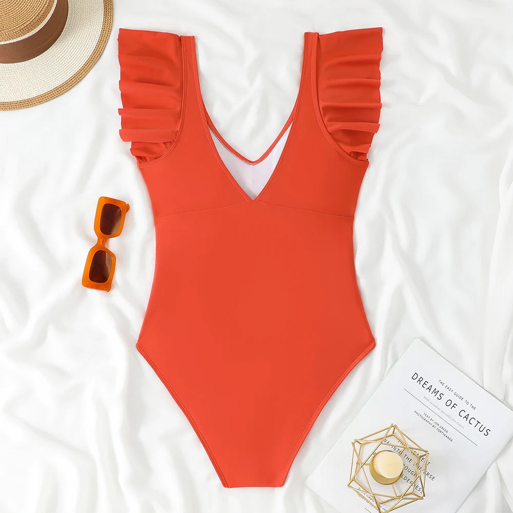 2025 Sexy Ruffle Swimsuit One Piece V-neck Drawstring Swimwear Women Bathers Bathing Swimming Swim Suit Female Beachwear XXL
