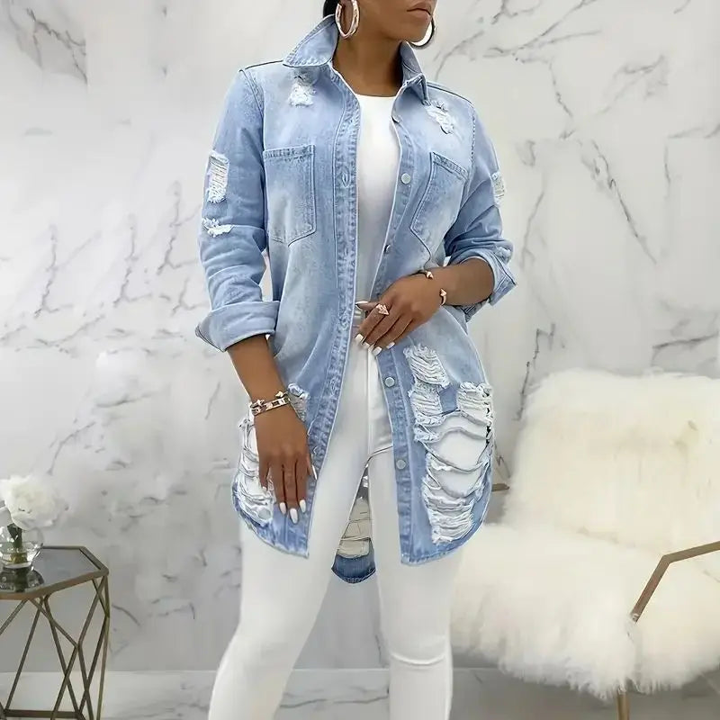 Women Solid Color Stylish Button-down Denim Shirt Ripped Pocket Long-sleeved Denim Jacket