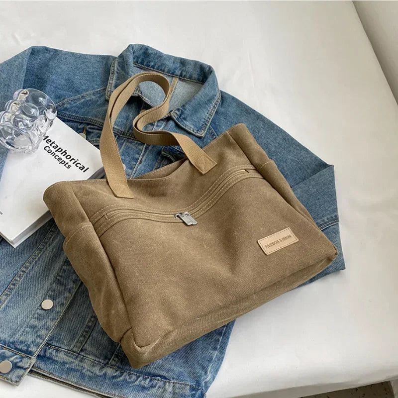 Fashion Retro Versatile Canvas Tote Bag Leisure Student Shoulder Bags Portable Handbag with Zipper for Women