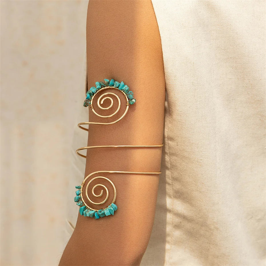 12 Colors Bohemian Stone Upper Armband Cuff Open Bangles for Women Tassel Long Chain Pendant Arm Body Bracelet Jewelry