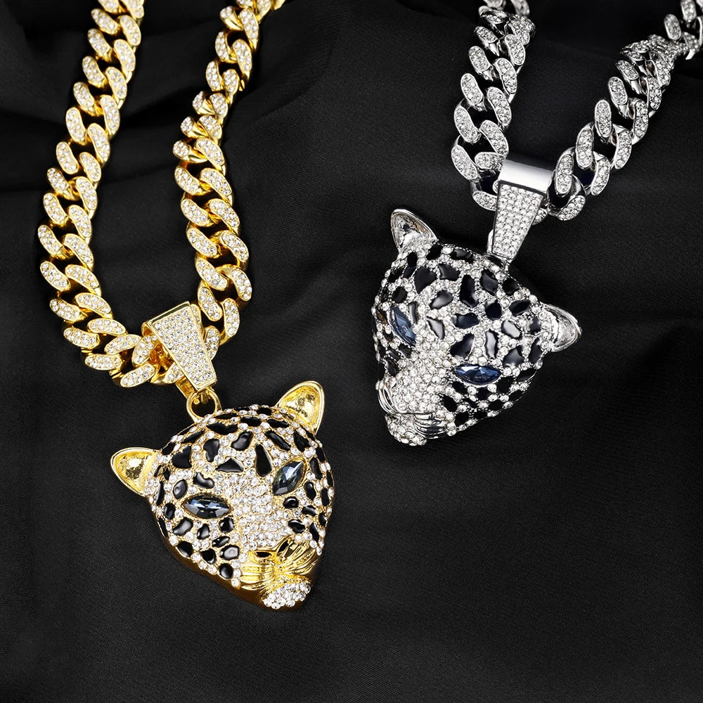 Leopard Necklace Zinc Alloy Diamond Leopard Head Pendant Luxury Cuban Chain Hip Hop