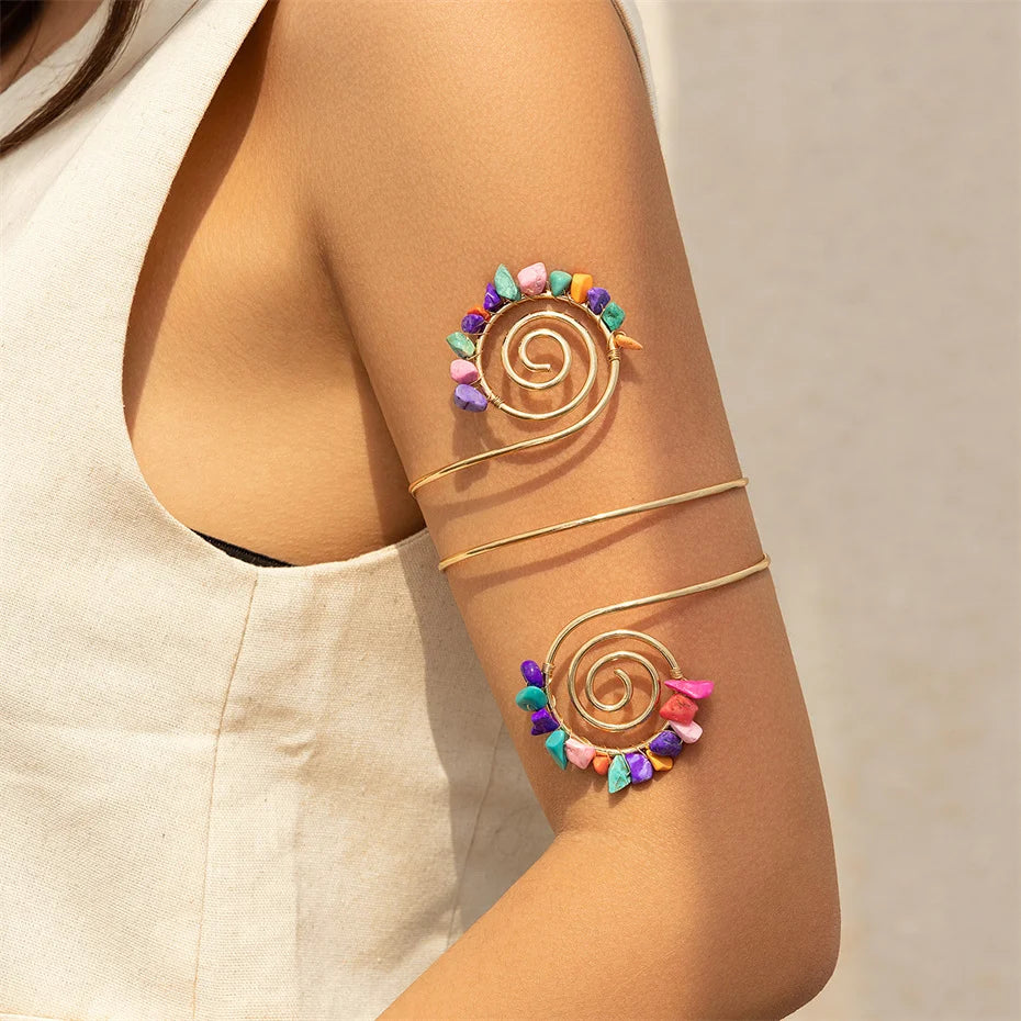 12 Colors Bohemian Stone Upper Armband Cuff Open Bangles for Women Tassel Long Chain Pendant Arm Body Bracelet Jewelry