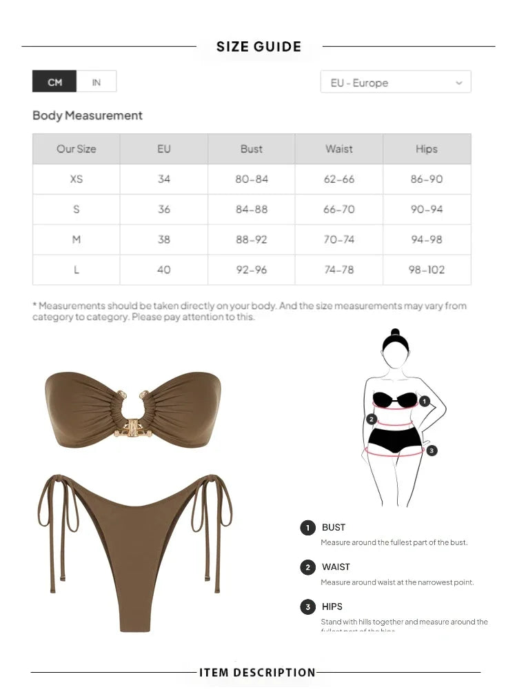 Solid O Ring 2025 New Swimsuit For Women Tie Side Shiny Metal Hardware Ring Bandeau Bikini Swimwear Padded Bra Top Low Waisted