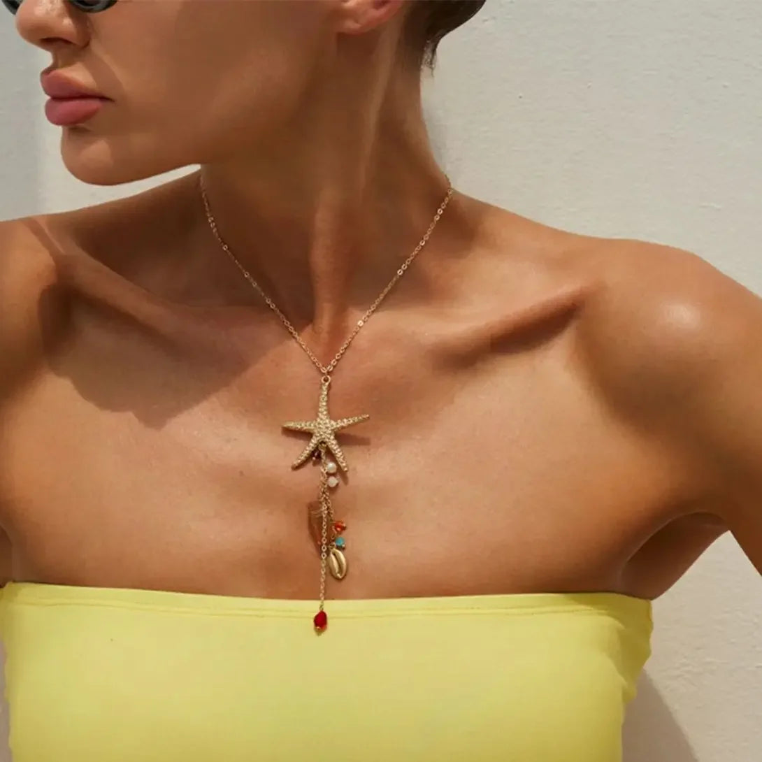 Bohemia Starfish Scallop Crystal Long Tassel Pendant Necklace For Women Summer/ Beach/ Vacation Charm Jewelry Accessories