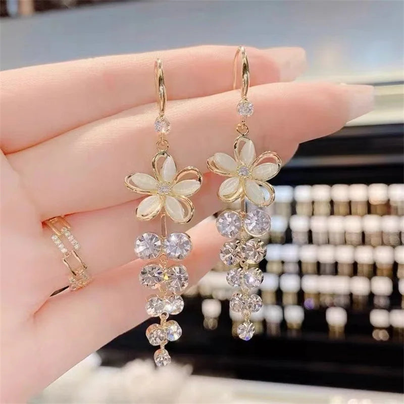 Luxury Crystal Flower Tassel Drop Earrings for Women Shiny Zircon Opal Long Dangle Earrings Girls Jewelry Gift