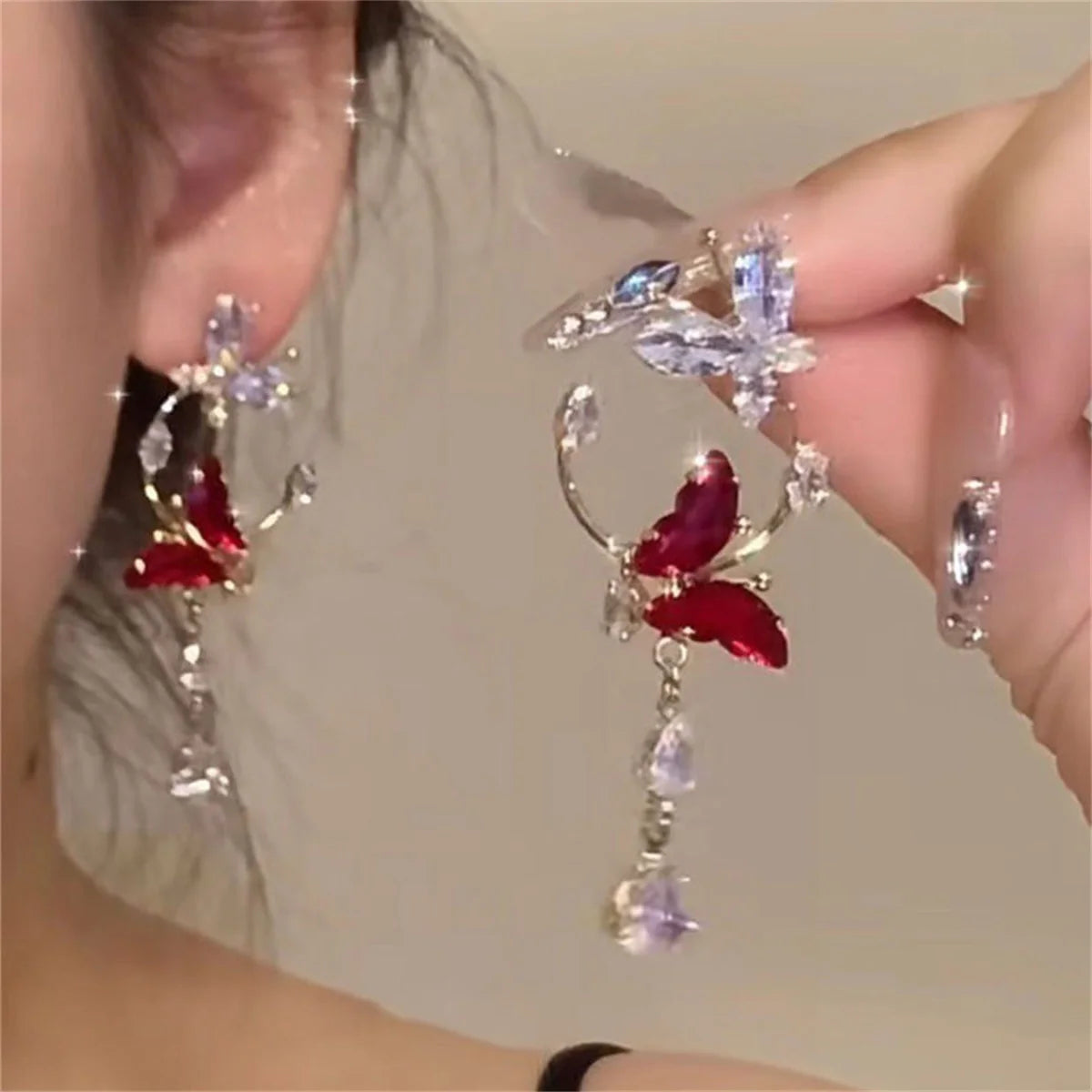 Delicate Red Zircon Butterfly Tassel Drop Earrings For Women Luxury Crystal Animal Butterfly Earring Wedding Party Jewelry Gifts