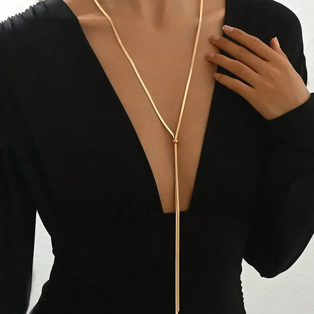 Long Flat Snake Bone Y-Shaped Chain Necklace for Women Gold Color Fashion Jewelry