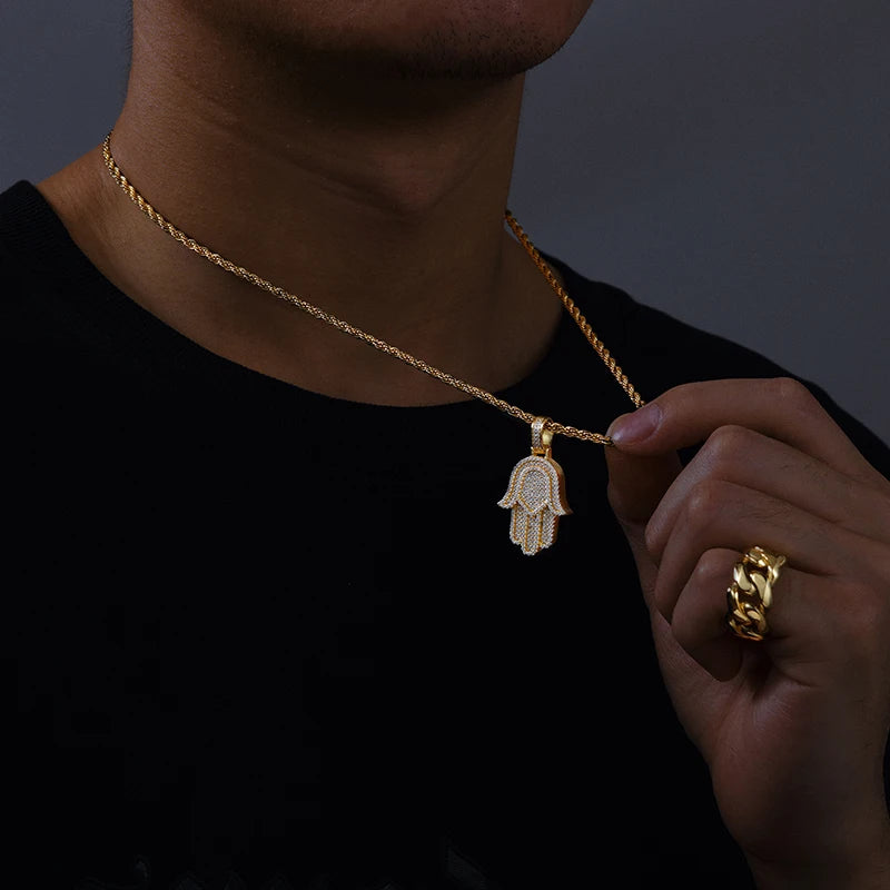 New Moissanite Iced Out Bling Hamsa Hands Pendants Necklaces S925 Silver Charm For Women