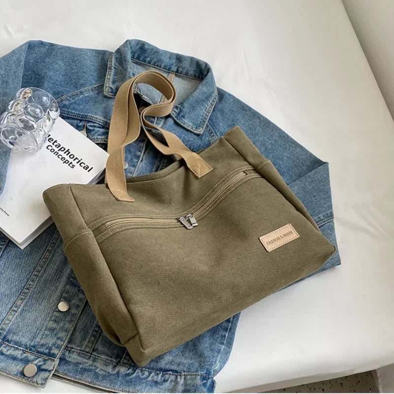 Fashion Retro Versatile Canvas Tote Bag Leisure Student Shoulder Bags Portable Handbag with Zipper for Women