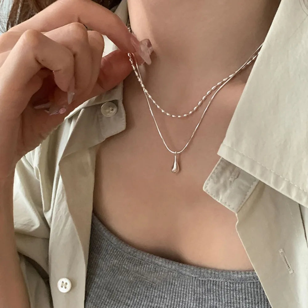 Minimalist Double Necklace Water Drop Pendant Collarbone Chain for Women