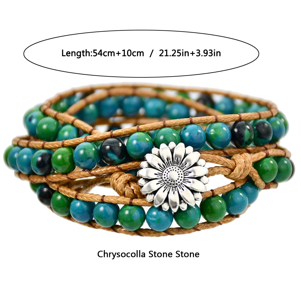 Boho Natural Stone Wrap Bracelet Leather Multilayers Colorful Jasper Agate Beaded Flower Charm Handmade Bracelets