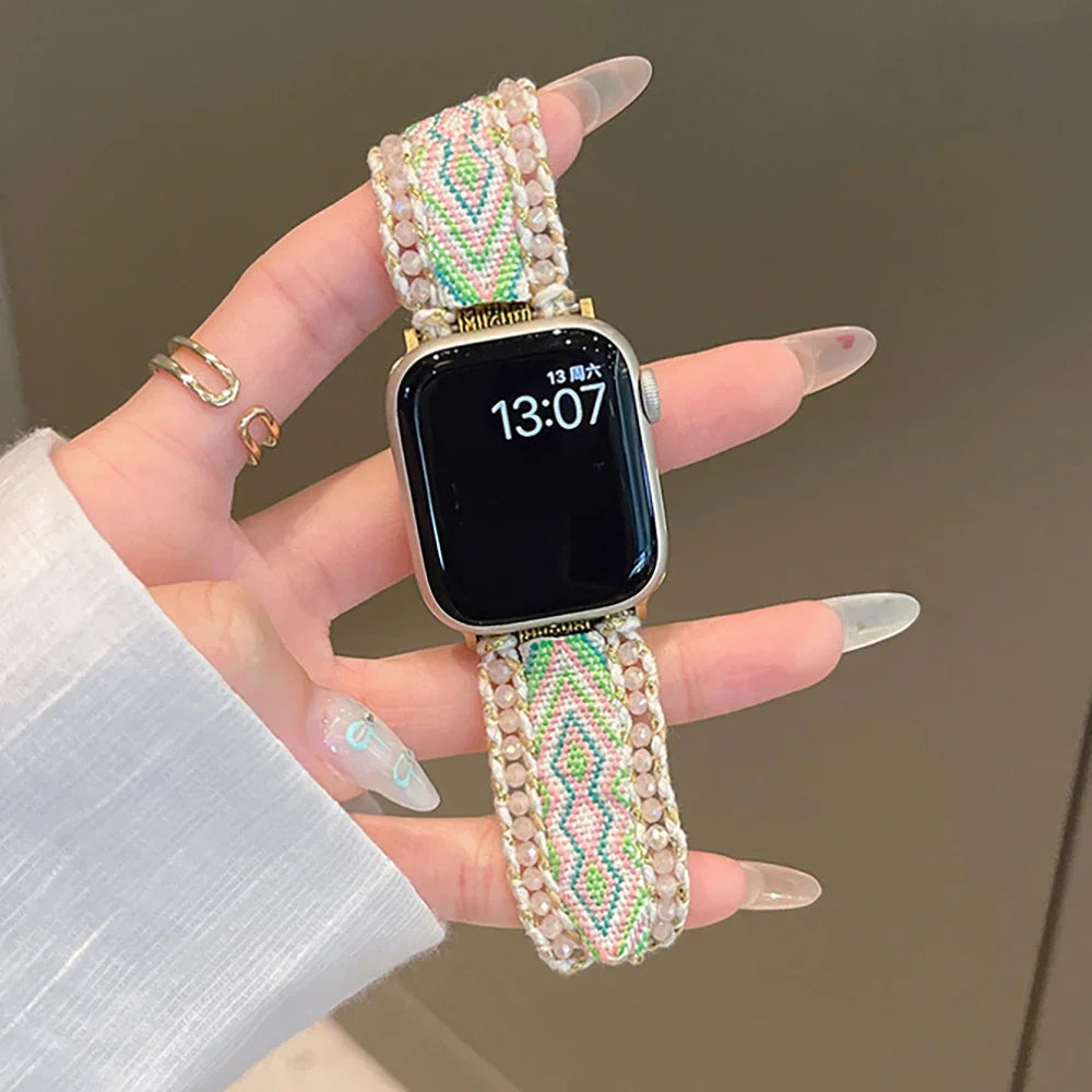 Bohemia Crystal Edge Braided Rope Band For Apple Watch Strap 8 49 9 7 SE 6 For iWatch 45 42 44 40 MM Women Wrist Bracelet