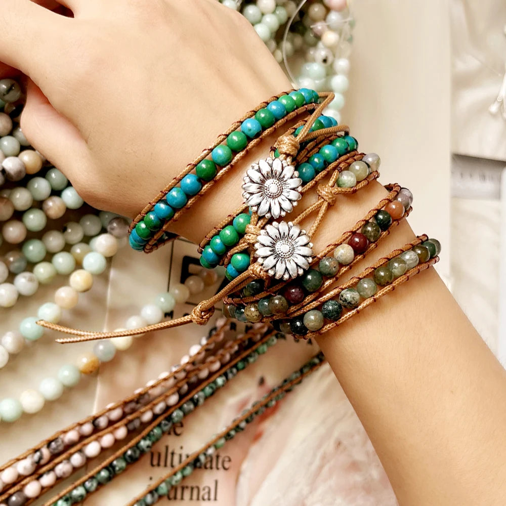 Boho Natural Stone Wrap Bracelet Leather Multilayers Colorful Jasper Agate Beaded Flower Charm Handmade Bracelets