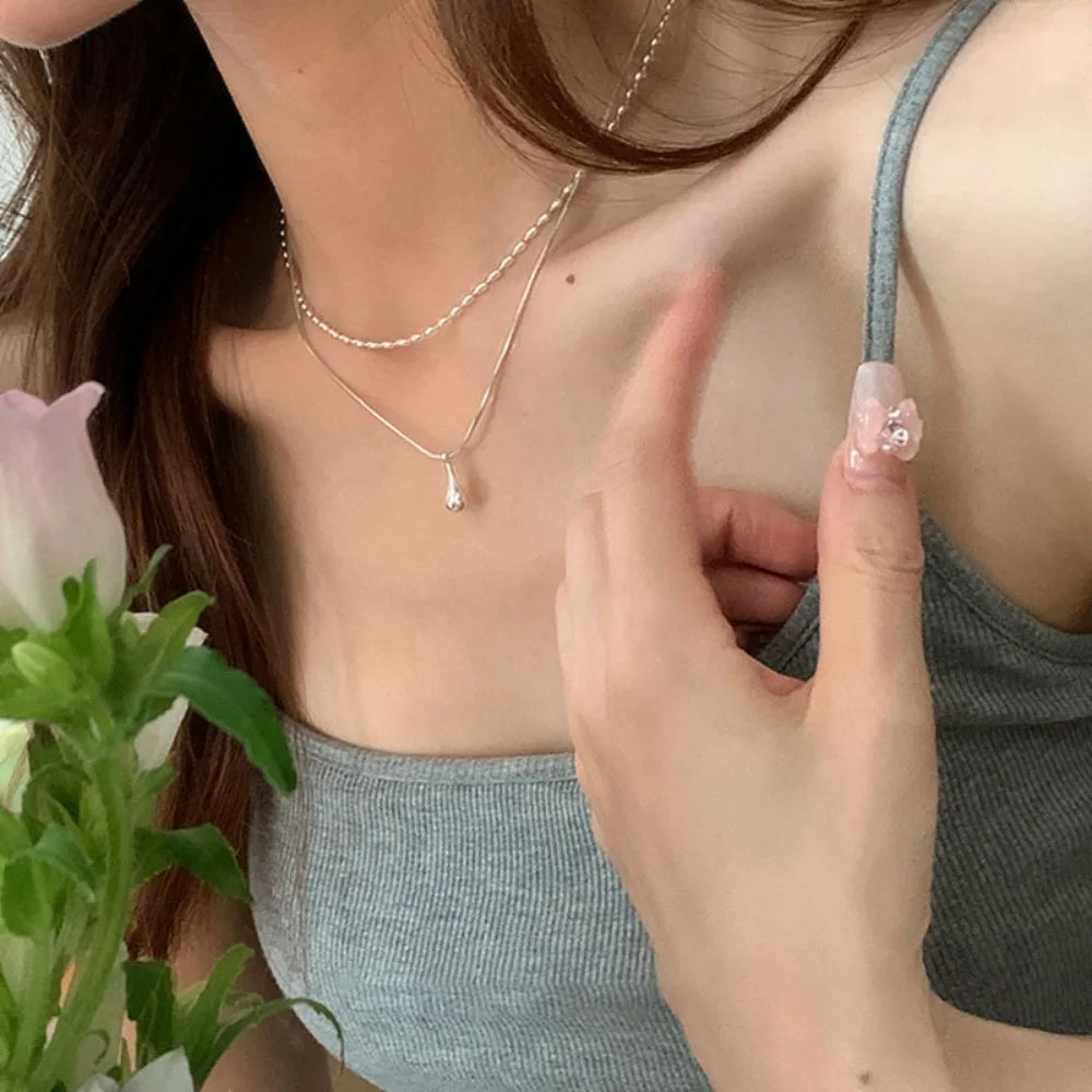Minimalist Double Necklace Water Drop Pendant Collarbone Chain for Women