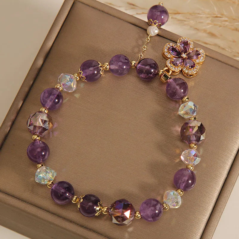 Natural Amethyst Bracelet for Women, Floral Boho Chic Crystal Beads Handmade Adjustable