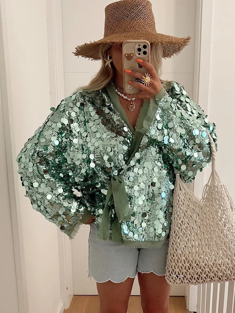 Fashion Sparkling Beaded Short Loose Jacket Elegant V Neck Long Sleeve Lace Up Cardigans 2025 Spring Female Elegant Streetwear