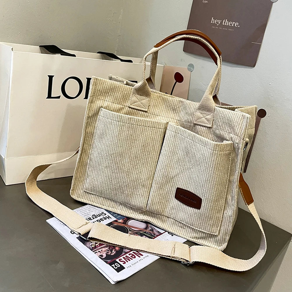 Corduroy Tote Bag Crossbody Bag Large Capacity Women Fashion Handbag with Multiple Pockets Top Handle Crossbody Bag Everyday Bag