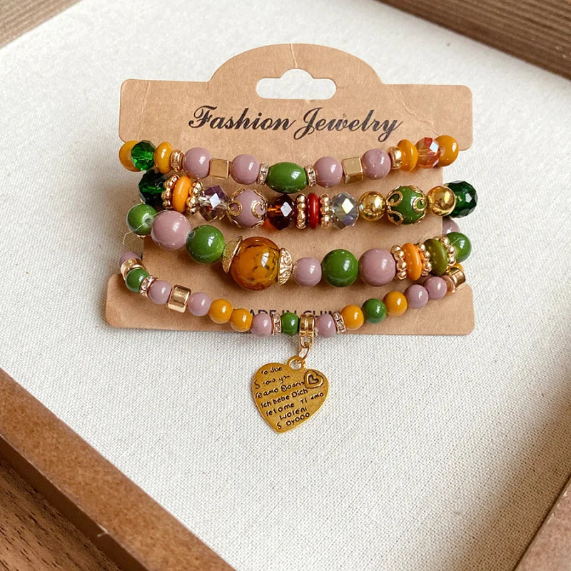 4pcs/set Boho Strand Bracelets For Women Crystal Beads Bracelets Heart Letter Elastic Bangles Wristband Jewelry Gifts