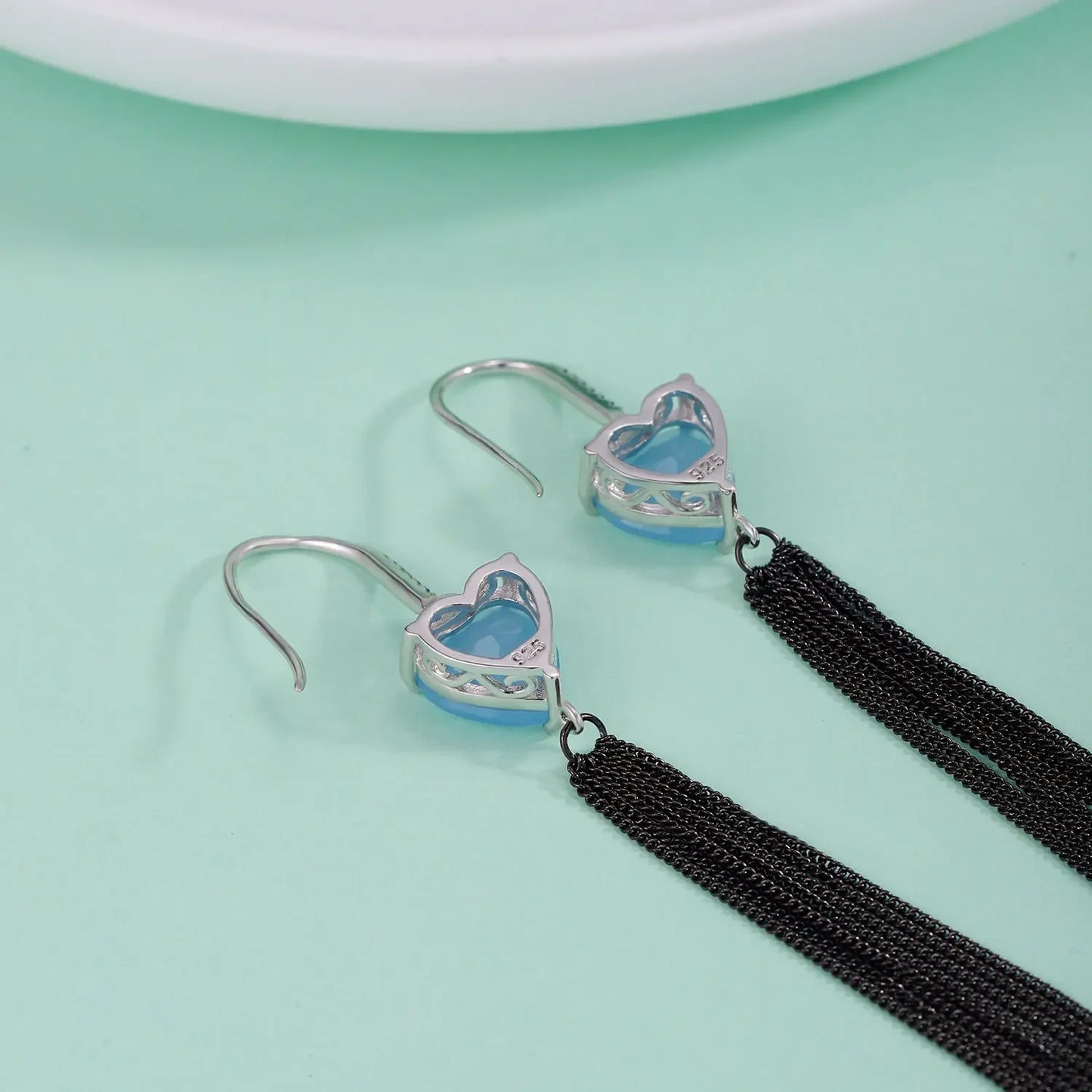 925 Sterling Silver Gemstone Handmade Earrings Natural Heart Aqua-blue Calcedony Fishhook Earrings Gift For Her