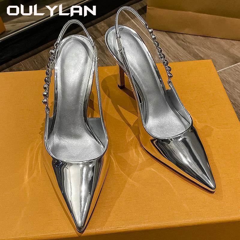 Pumps Metallic Crystal Sandals Shiny High Heels Slingback Silver Women Pointy Toe Stiletto Heeled Shoes Party Dress Shoes