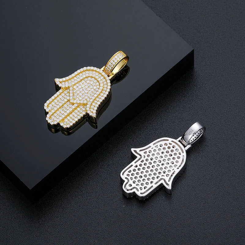 New Moissanite Iced Out Bling Hamsa Hands Pendants Necklaces S925 Silver Charm For Women