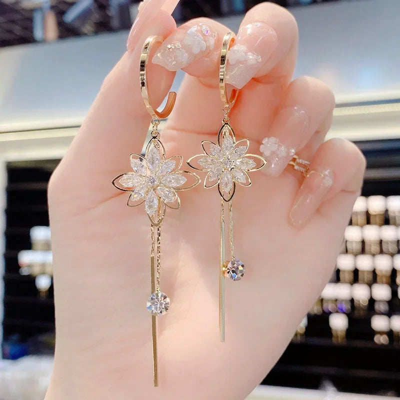 Luxury Crystal Flower Tassel Drop Earrings for Women Shiny Zircon Opal Long Dangle Earrings Girls Jewelry Gift