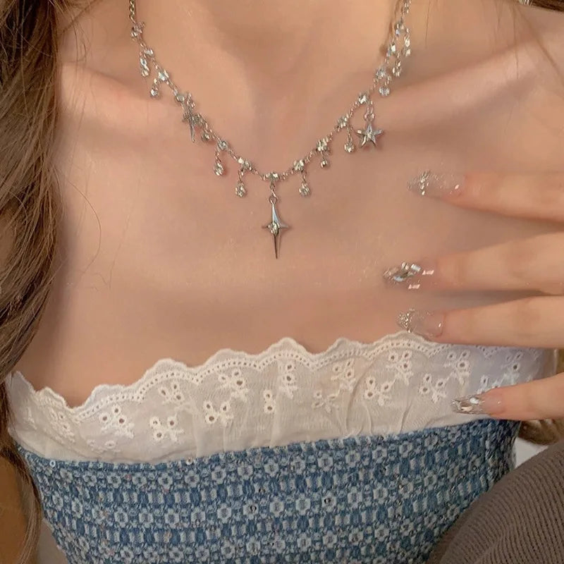 Star Pendent Necklace for Women Simple Zircon Tassel Clavicle Chain Choker Elegant Gift