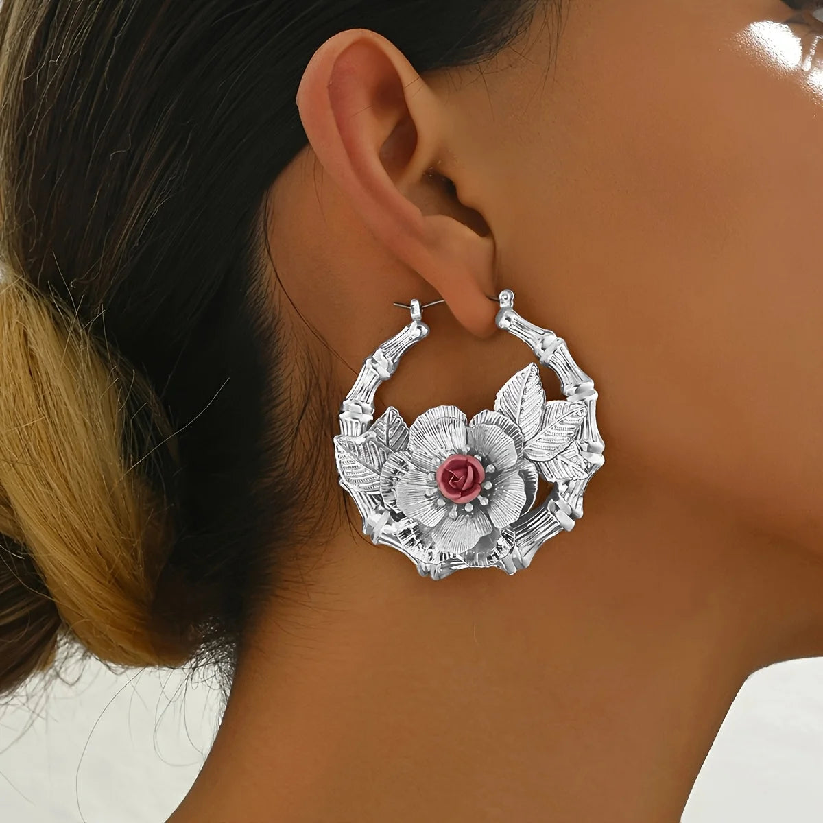 Luxury Gold-Toned Pure Iron Floral Hoop, 5.5Cm, Handmade Boho Leaf & Pink, Hypoallergenic, Daily & Party