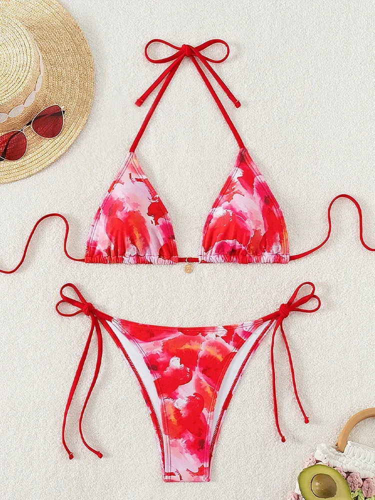2025 New Summer Swimwear Bikini Set Sexy Print Backless Bikini 2 Piece Set Women Laced Up Split Swimsuit High Waist Beach Bikini