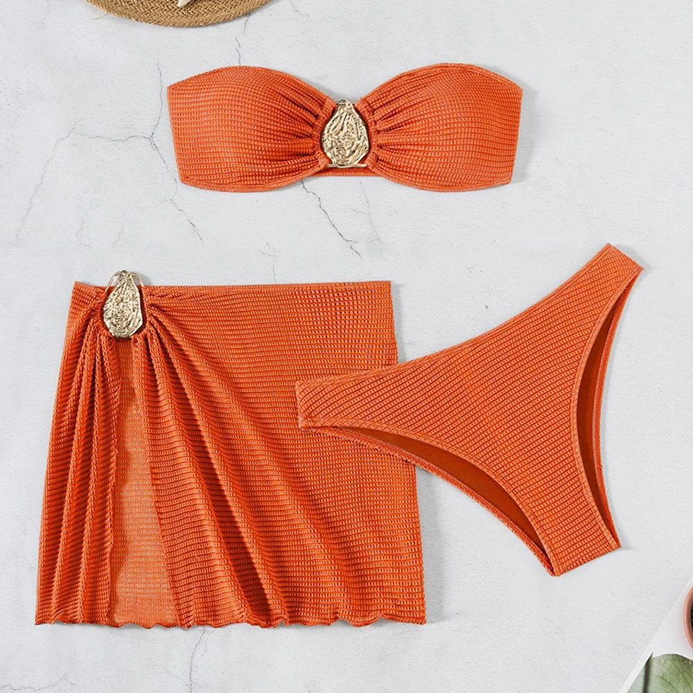 Brown Solid Swimwears Strapless Bandeau Bikinis Sets 3 Pieces Cover Up Sexy Swimsuit Woman 2025 Metal Buckled Bikini Beachwear