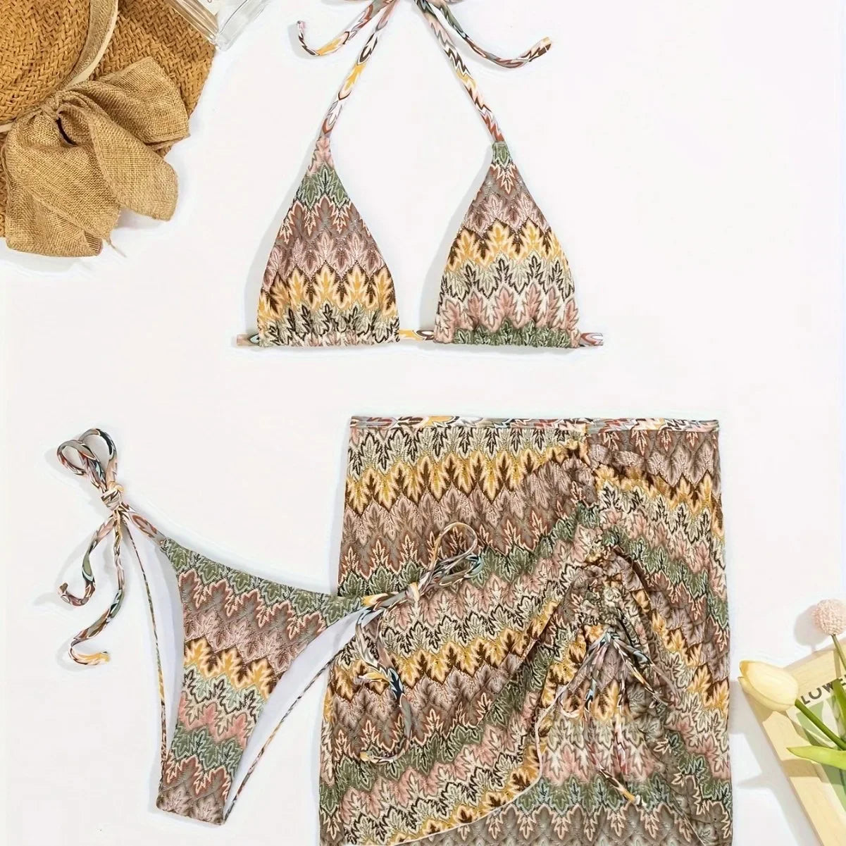 Sexy 3 Pieces Bikini Women Swimsuit 2025 Summer Halter Triangle Swimwear Bottom Bikinis Sets Beach Cover Up Female Bathing Suits