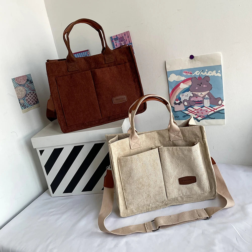 Corduroy Tote Bag Crossbody Bag Large Capacity Women Fashion Handbag with Multiple Pockets Top Handle Crossbody Bag Everyday Bag