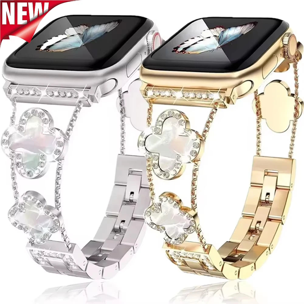 Diamond Four-leaf Clover Metal Strap for Apple Watch Ultra2 49mm 46mm 44/42/41/40/38mm Band for Iwatch Series10 987SE6 Bracelets