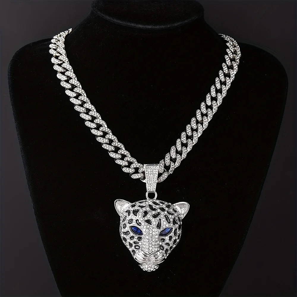Leopard Necklace Zinc Alloy Diamond Leopard Head Pendant Luxury Cuban Chain Hip Hop