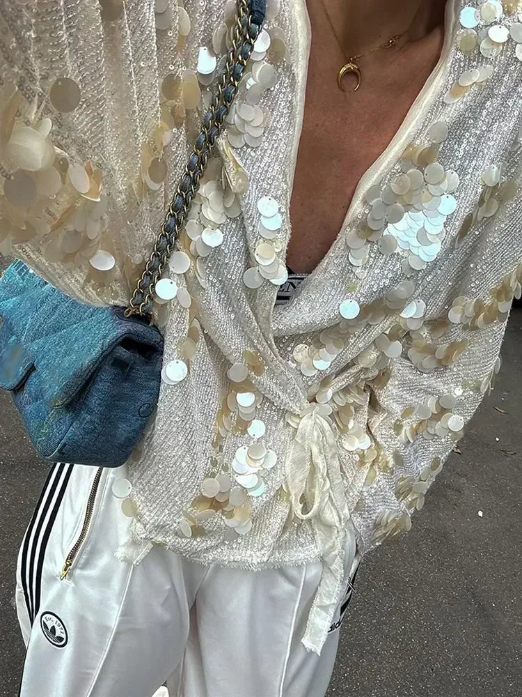 Fashion Sparkling Beaded Short Loose Jacket Elegant V Neck Long Sleeve Lace Up Cardigans 2025 Spring Female Elegant Streetwear