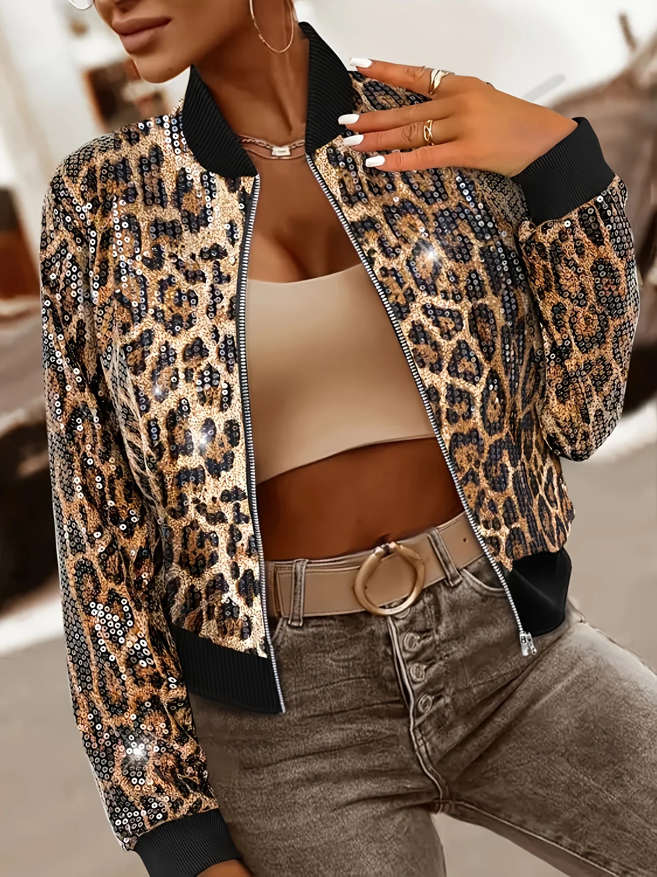 Leopard Print Sequin Open Placket Zipper Fashion Casual Bomber Jacket