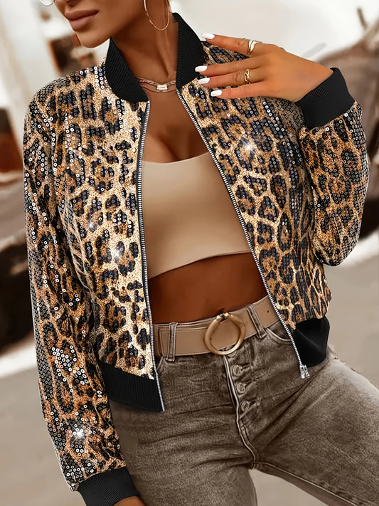 Leopard Print Sequin Open Placket Zipper Fashion Casual Bomber Jacket