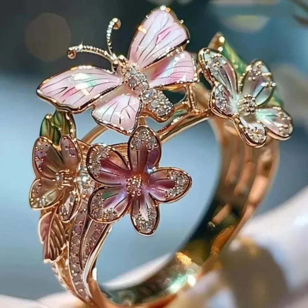 Aesthetic Flower Butterfly Rings for Female Romantic Rhinestone Stylish Non-fading Opening Ring Women Jewelry Gift