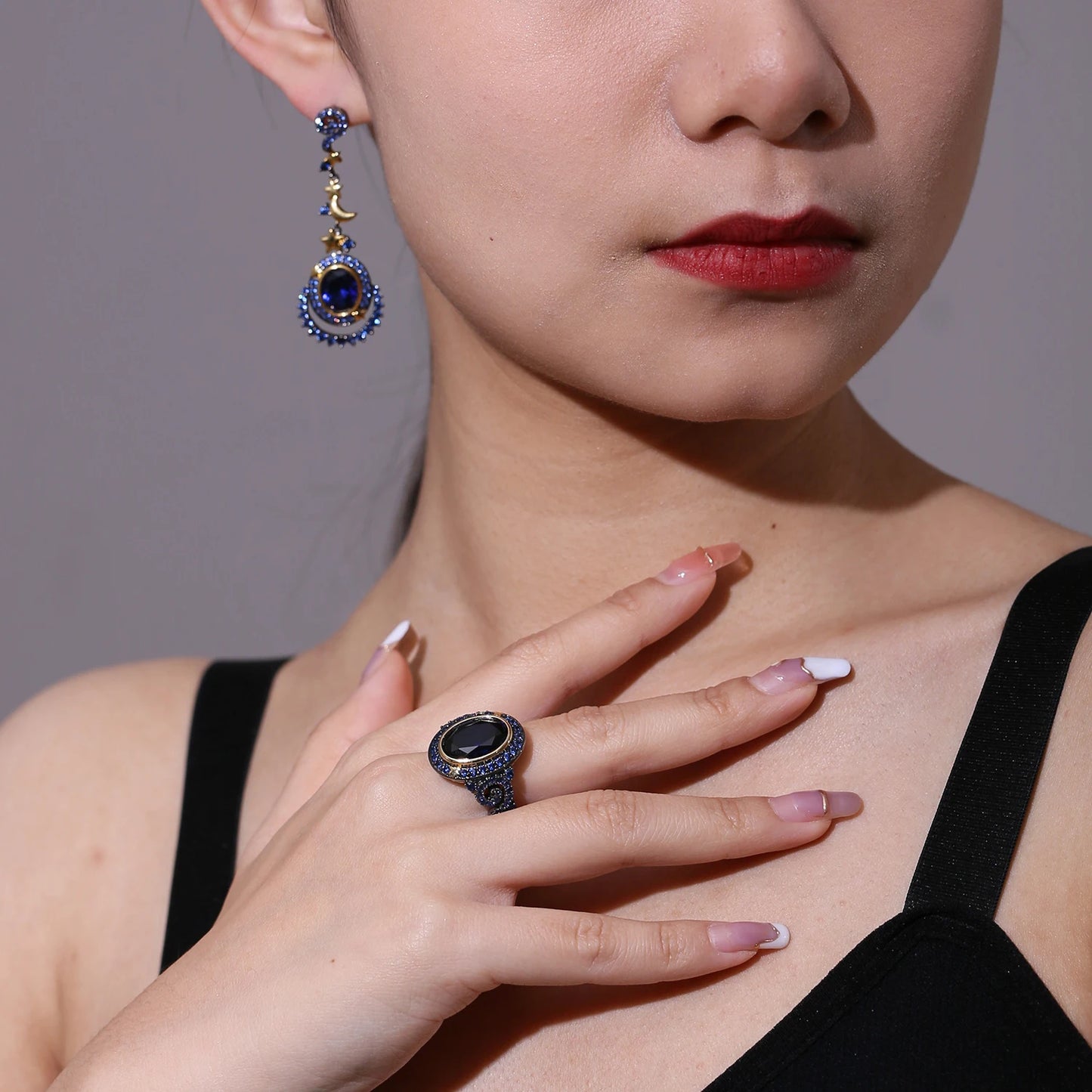 lab Blue Sapphire Vintage Earrings 925 Sterling Silver Handmade Star Moon Element Drop Earrings for Women Jewelry