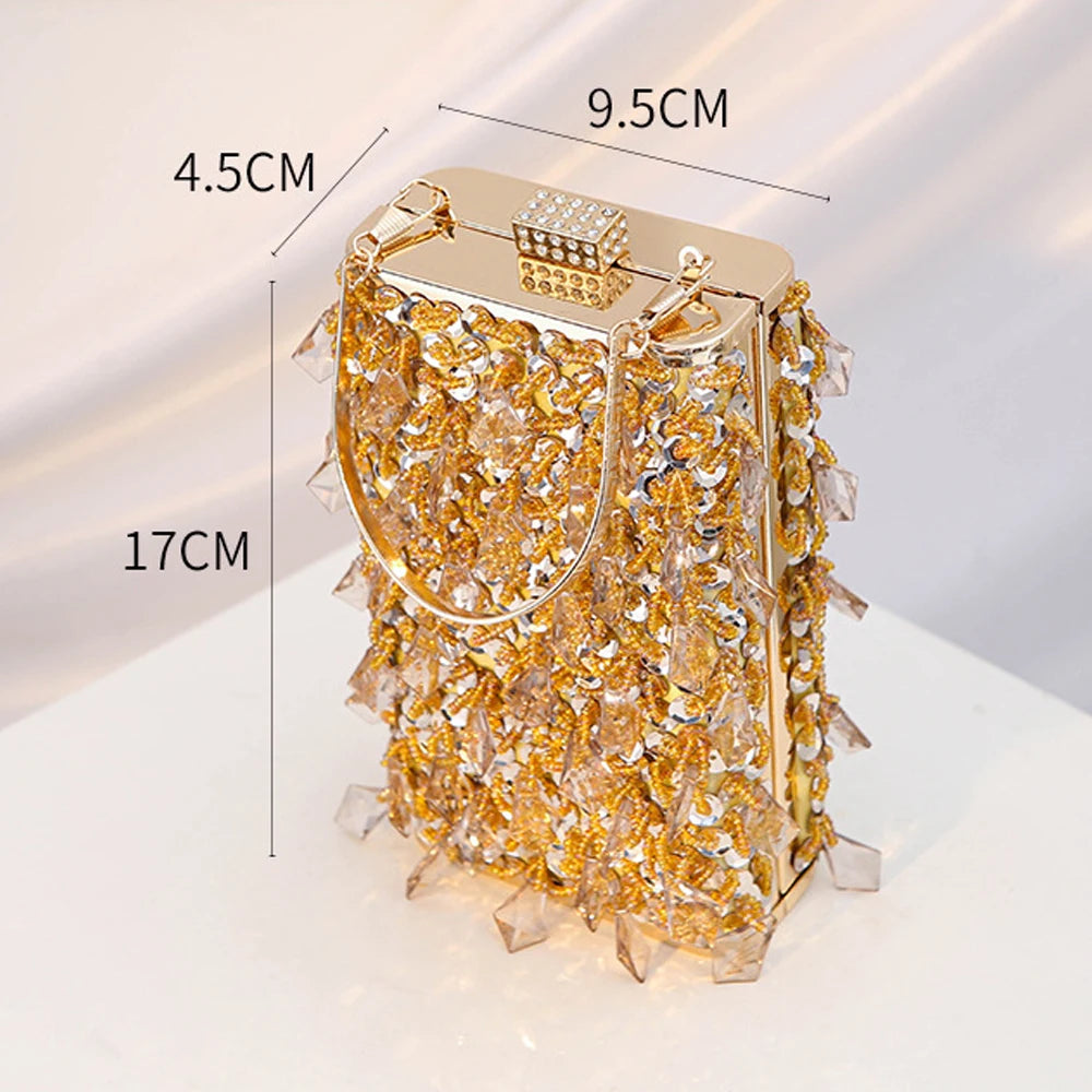 Women's Retro Evening Bags Beaded Embroidered Ladies Clutch Purse Vertical Square Box Shoulder Chain Wedding Party Handbags Bags