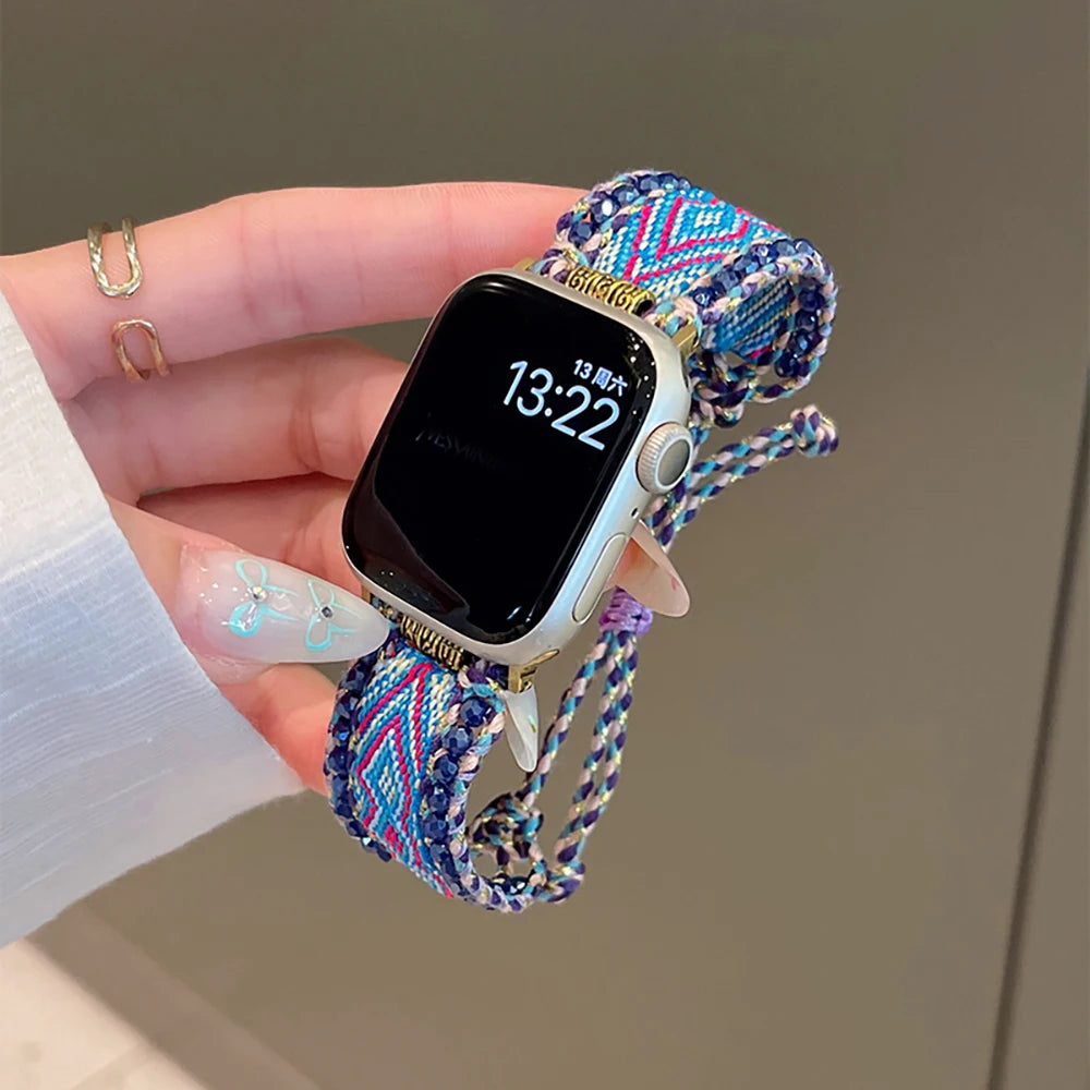 Bohemia Crystal Edge Braided Rope Band For Apple Watch Strap 8 49 9 7 SE 6 For iWatch 45 42 44 40 MM Women Wrist Bracelet