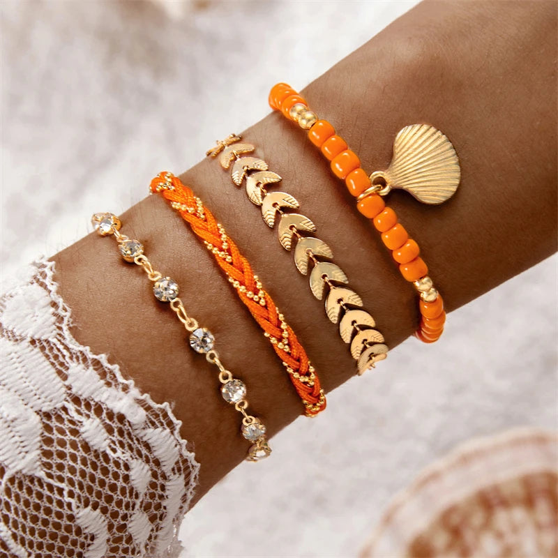 4pcs/set Bohemia Shell Bracelets for Women Colorful Zircon Rice Beads Metal Chain Bangles Girl Summer Beach Jewelry