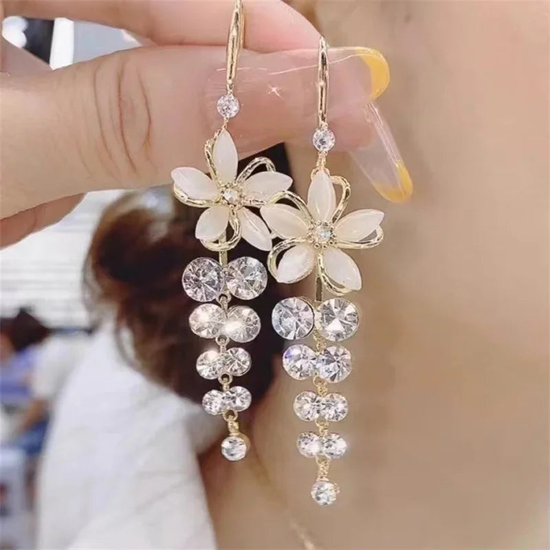 Luxury Crystal Flower Tassel Drop Earrings for Women Shiny Zircon Opal Long Dangle Earrings Girls Jewelry Gift