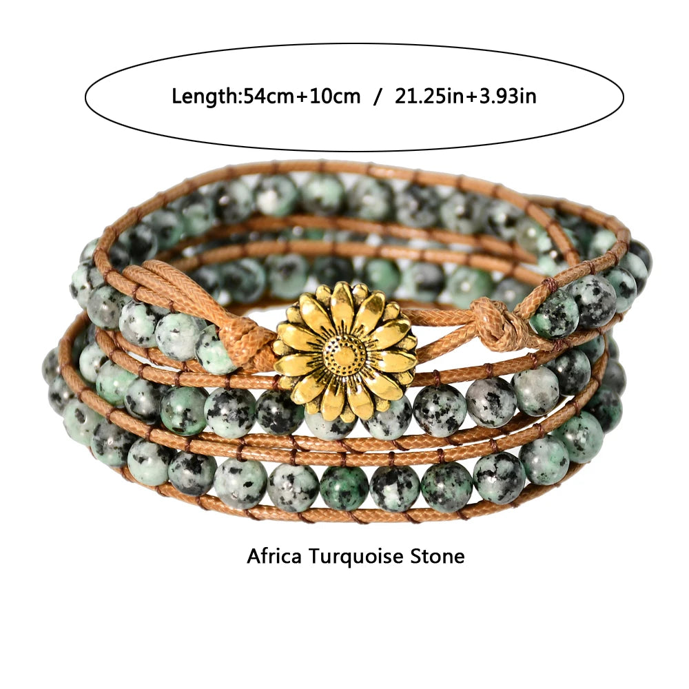 Boho Natural Stone Wrap Bracelet Leather Multilayers Colorful Jasper Agate Beaded Flower Charm Handmade Bracelets