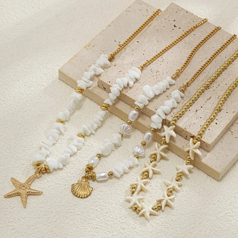 Accessories, holiday shell beaded collarbone chain, beach alloy imitation pearl multi-layer starfish necklace