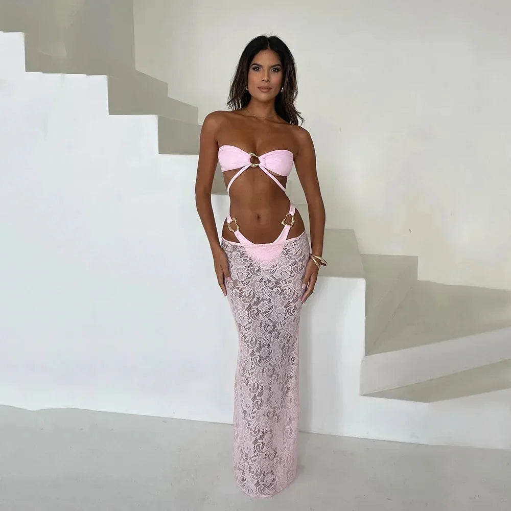 Bandeau 3 Pieces Bikini 2025 New Sexy Women Swimsuit Swimwear Female Long Dress Brazil Bikini Set Bathing Suit Swimming Suit
