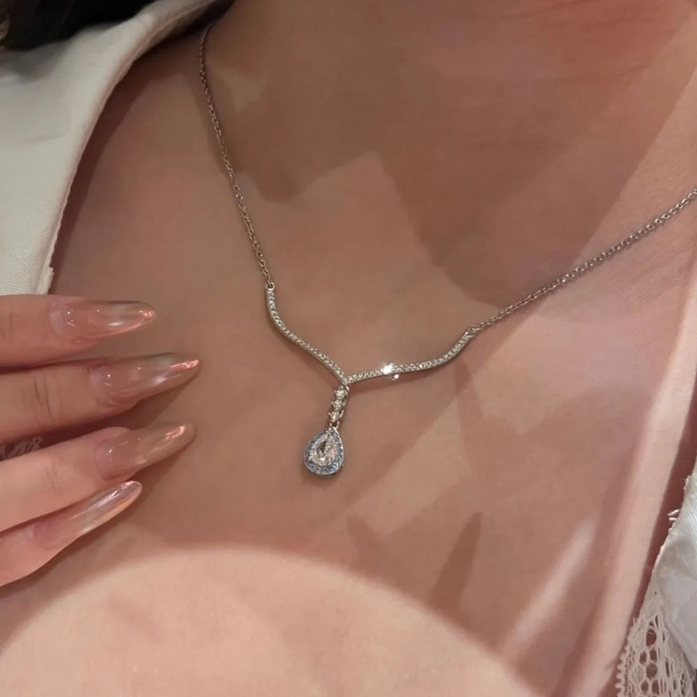 Mermaid Water Drop Aquamarine Necklace Women's Light Luxury Niche Design Pendant Accessories Collarbone Chain Tassel Lady