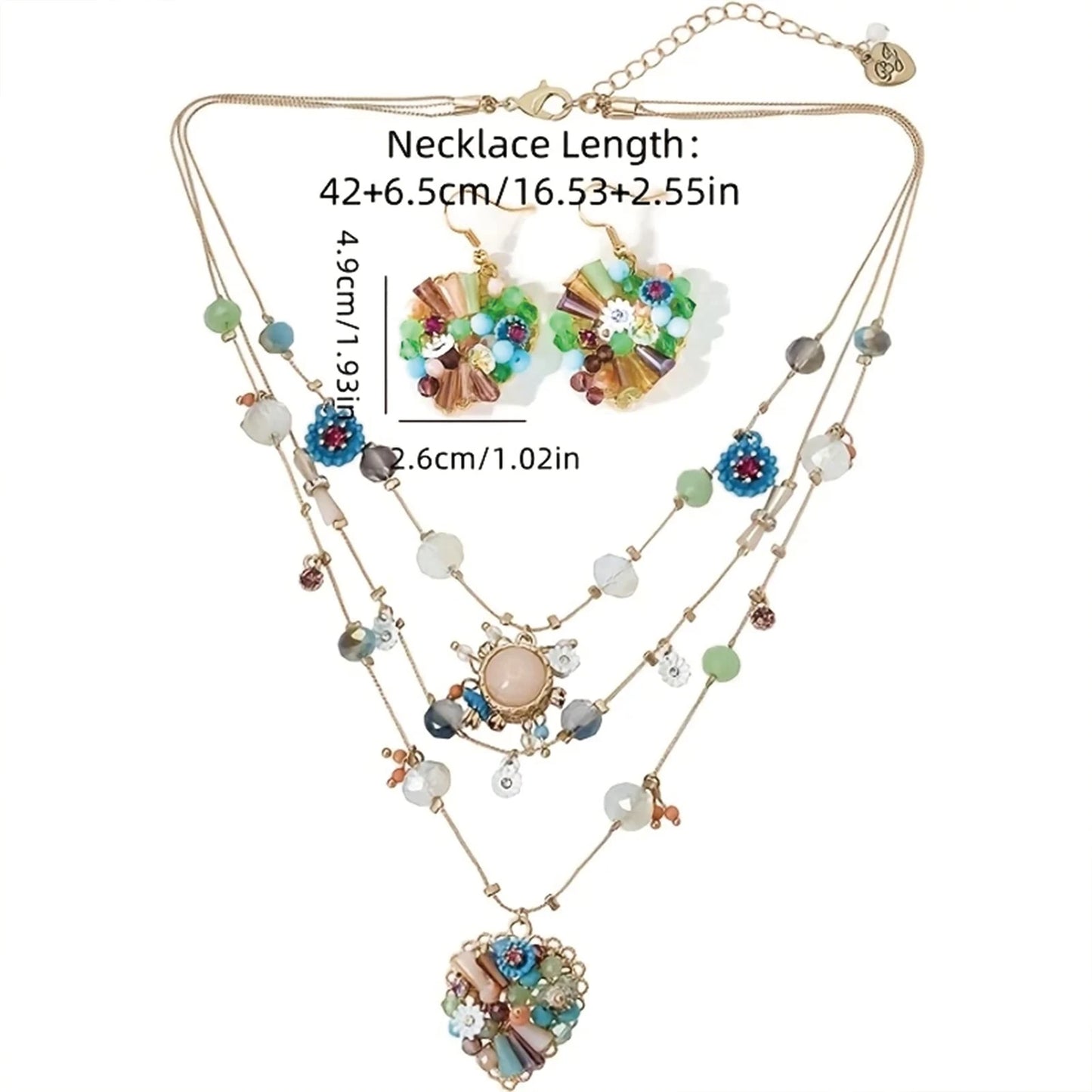 925 Silver, Multi-layer heart bead set, Bohemian style, pendant set with natural stones, gemstones, zirconia, crystals, pearls,